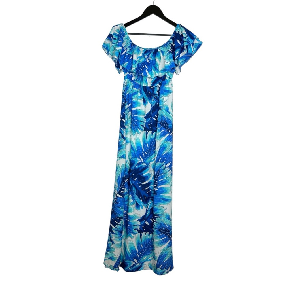 Velvet Torch Blue Tropical Ruffle Off Shoulder Maxi Dress Size Large Resortwear